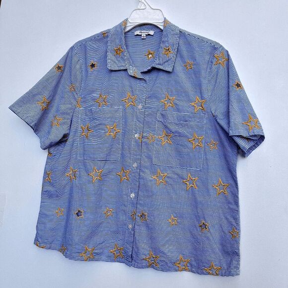Madewell Star Embroidered Striped Button-Up Short Sleeve Shirt NWOT - L - Picture 6 of 6